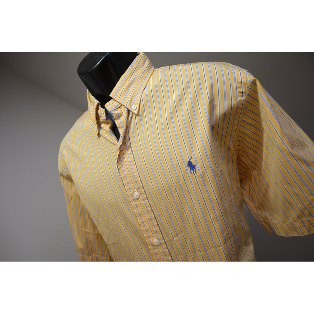Ralph Lauren Button Up Dress Shirt Mens Large Yellow Striped Short Sleeve EUC‎